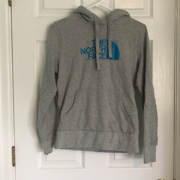 grey and blue north face hoodie